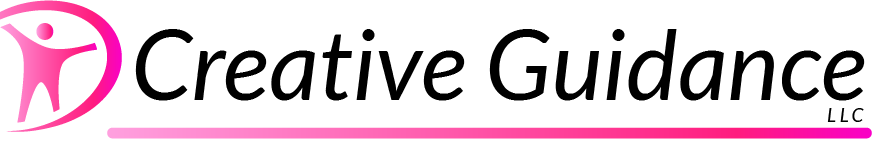 Logo for Creative Guidance LLC. On the left, a pink abstract figure stands with arms raised inside a curved pink swoosh. To the right, the company name "Creative Guidance LLC" appears in black letters. Beneath the name is a pink gradient line.